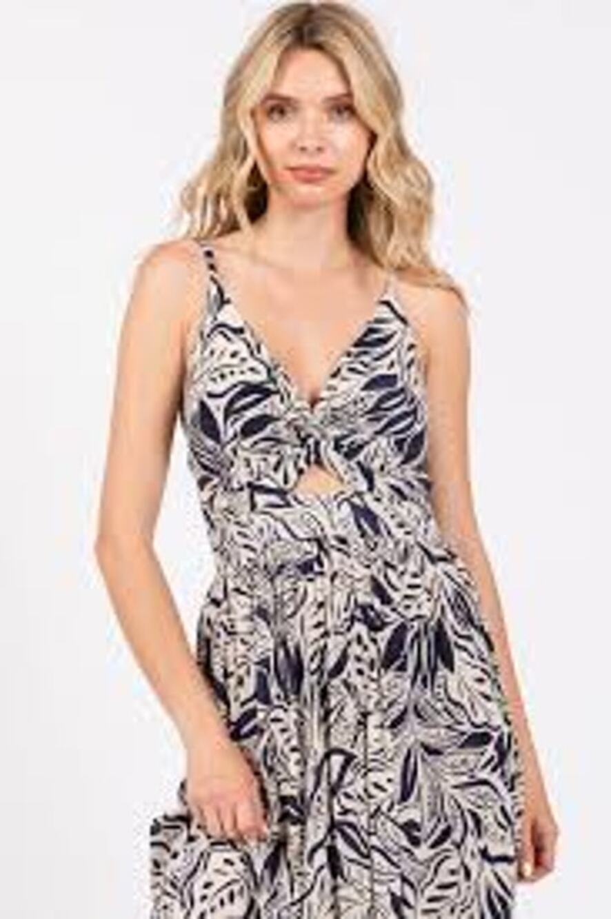 Angie Navy & Cream Women's Leaf Print Sundress Floral Medium